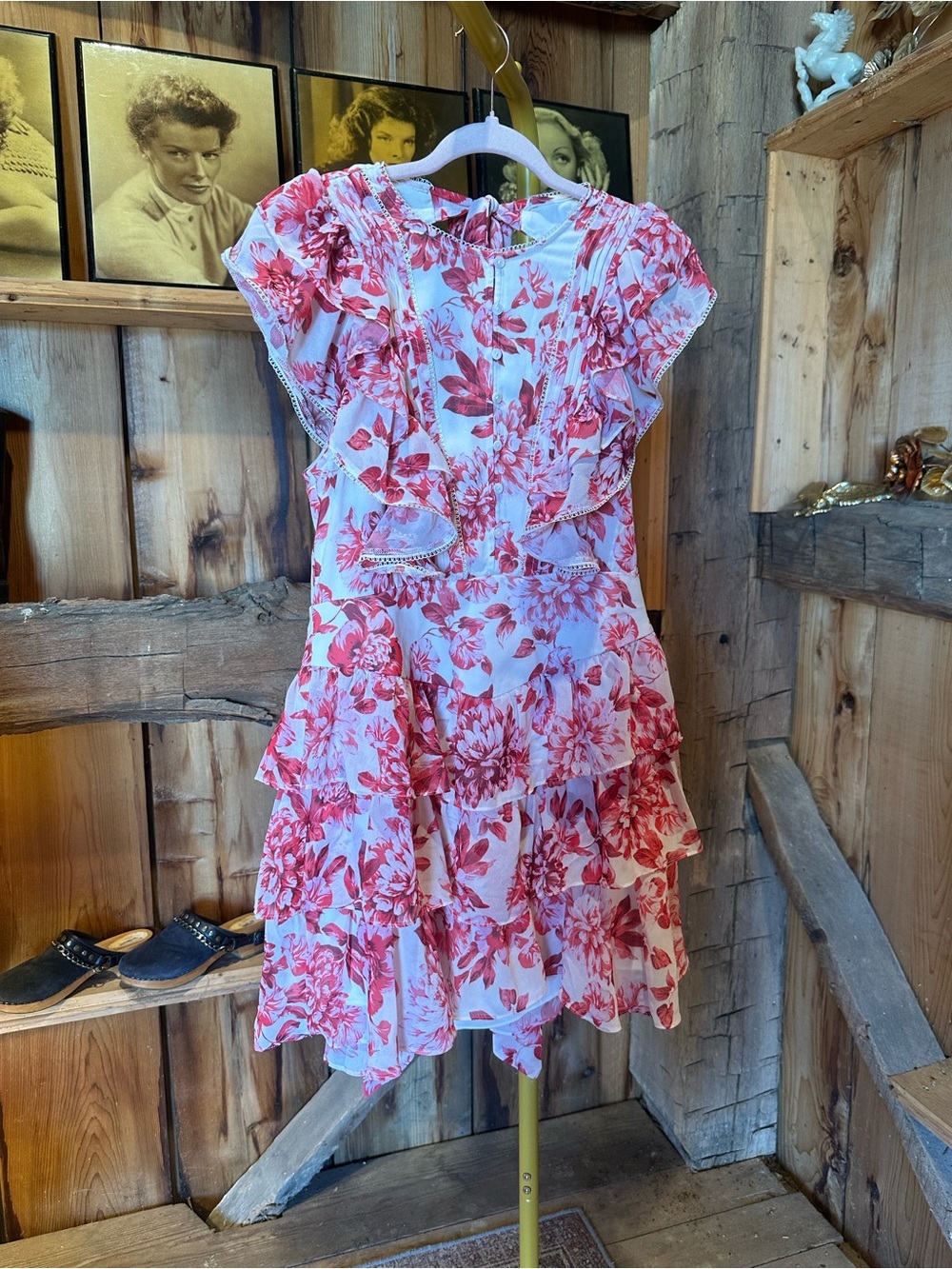 Ever New White Dress with Pink Floral Ruffle Details